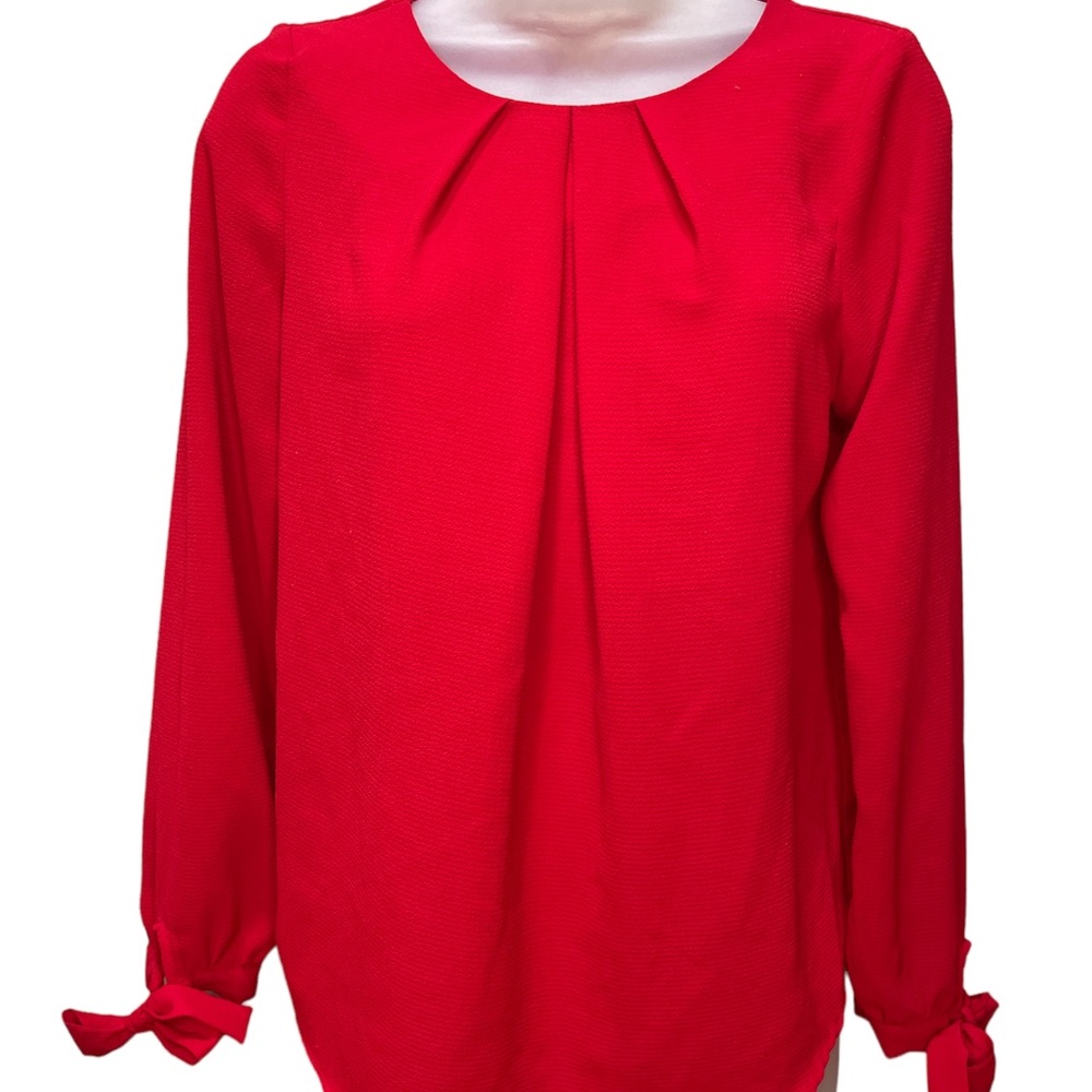 Monteau Red Christmas Bow Long Sleeve Blouse Size Medium